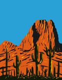 WPA Poster Art of saguaro cactus with Beehive Peak in Tucson Mountains located within the Saguaro National Park in Arizona done in works project administration style or federal art project style.