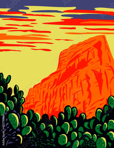 WPA Poster Art of prickly pear cactus with Red Butte in Tucson Mountains located within the Saguaro National Park in Arizona done in works project administration style or federal art project style.
