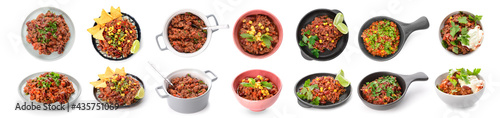 Tableau sur toile Set of tasty chili con carne on white background