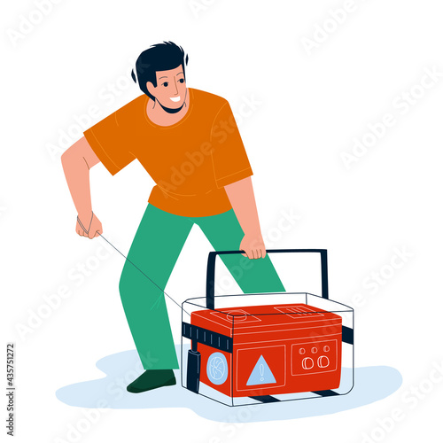 Generator Equipment Starting Young Man Vector. Emergency Generator Machine Start Boy. Character Autonomous Tool With Petrol Fuel Engine Generating Electricity Power Flat Cartoon Illustration