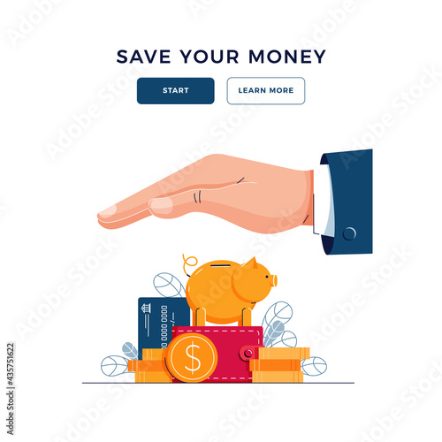 Save your money concept. Business hand covers the wealth, provides security. Secure investment, insurance, to protect savings, Finance safety for banner, web, emailing. Flat design vector illustration