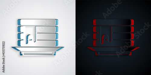 Paper cut Stack of pancakes with honey icon isolated on grey and black background. Breakfast concept. Paper art style. Vector