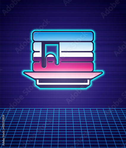 Retro style Stack of pancakes with honey icon isolated futuristic landscape background. Breakfast concept. 80s fashion party. Vector
