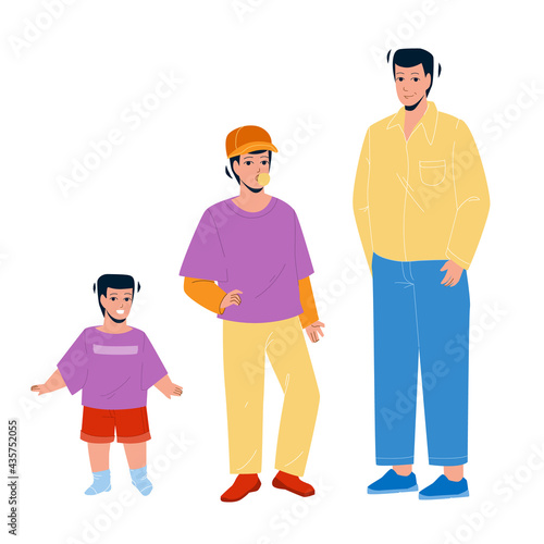 Growing Boy From Little Baby To Adult Man Vector. Growing Boy, Smiling Small Kid, Chewing Gum Teenager And Elegant Grown Guy. Character Life Cycle From Child To Big Flat Cartoon Illustration