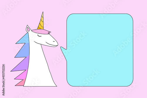 The vector template picture of a unicorn head with word bubble.