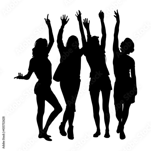 4 silhouettes of young girls tourists girlfriends stand with their hands raised up in the summer in shorts, breeches, short dress. Isolated over white background. Cheerful happy people standing nearby