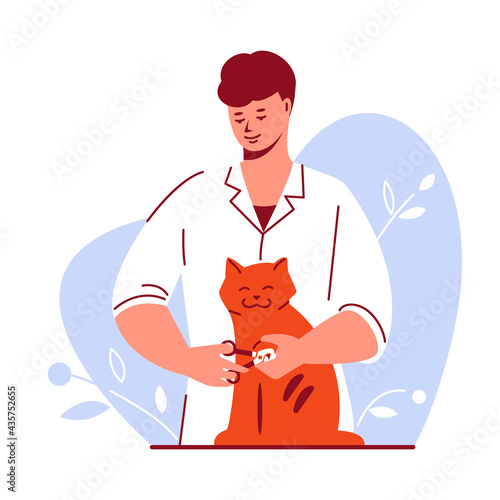 Male doctor veterinarian cuts the claws of the cat. Pet care grooming concept. Vector illustration in flat style. Isolated on a white background.