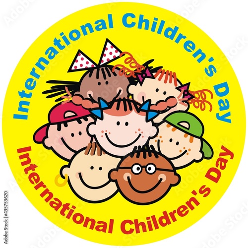 International Children's Day, portrait of girls and boys, yellow circle background, vector funny illustration, crowd od heads of happy kids.