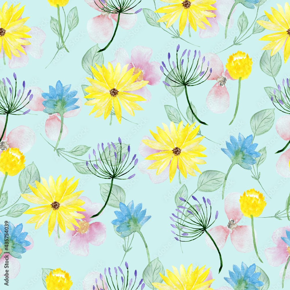 Seamless floral pattern. Watercolor background with flowers. Colorful flowers. Illustration for fabric and wrapping paper.