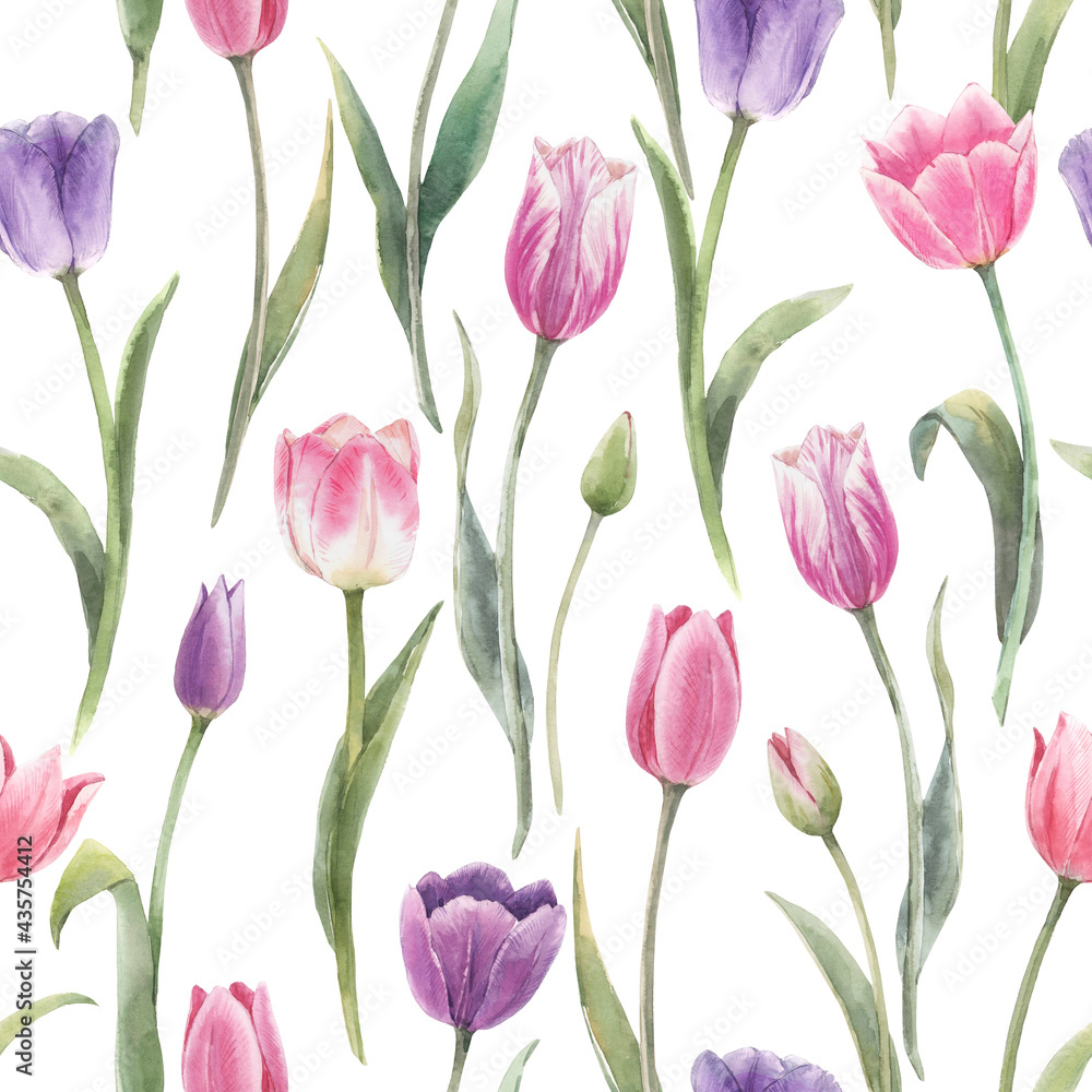 Beautiful floral seamless pattern with hand drawn watercolor tulip flowers. Stock illustration. - obrazy, fototapety, plakaty 