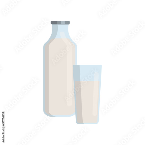 Flat vector illustration set of milk, kefir iin old fashioned glass bottle and glass of milk. Isolated on white background.