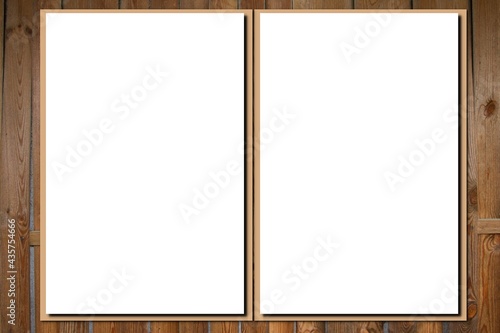 Blank two paper white sheets and brown envelope on wooden background in top view Mock up