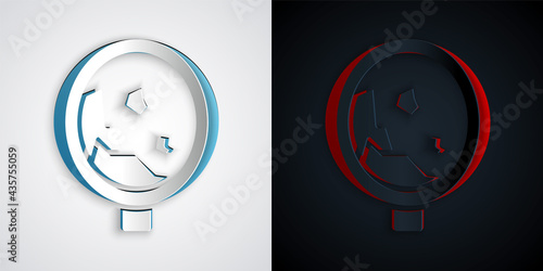 Paper cut Road sign warning avalanche rockfall landslides icon isolated on grey and black background. Traffic rules and safe driving. Paper art style. Vector