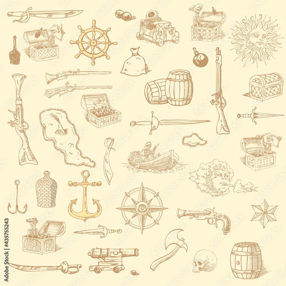 vector image of a set of pirate doodles seamless texture