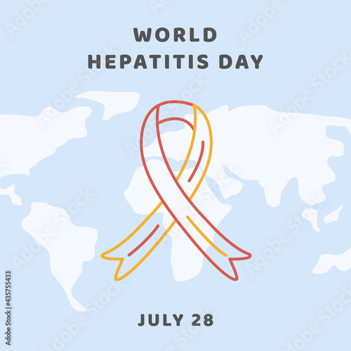 World Hepatitis Day. Square Banner, social media post or social media story template with world map. Medical poster with red and yellow outline ribbon icon. Flat Vector illustration.