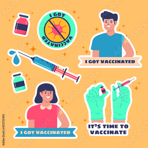 Hand drawn vaccinated theme people i got vaccinated stickers set collection flat design