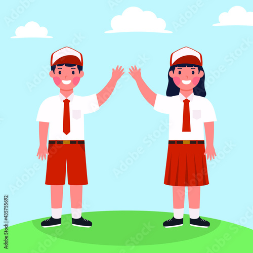 Hand drawn Indonesian elementary school boy and girl student character vector design