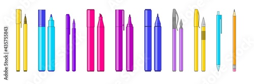 A set of pens and markers. Collection of stationery isolated on white background. Vector illustration