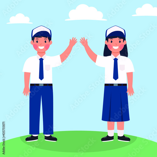 Hand drawn Indonesian junior high school boy and girl student character standing vector design