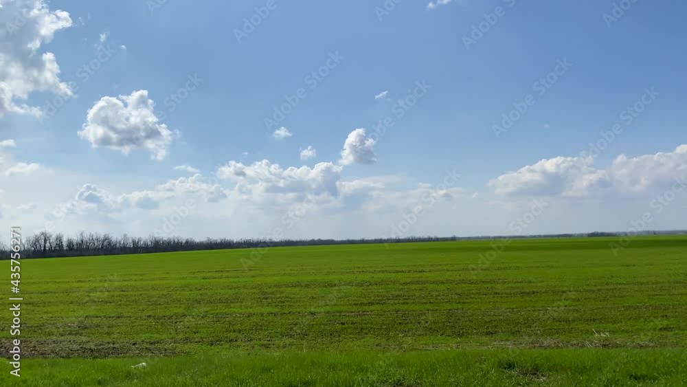 Spring landscape. A field with green grass on the background of a blue sky with clouds. View from the window of a car or train. Travel in the summer. Spring landscape. A field with green grass on the background of a blue sky with clouds. View from the window of a car or train. Travel in the summer.