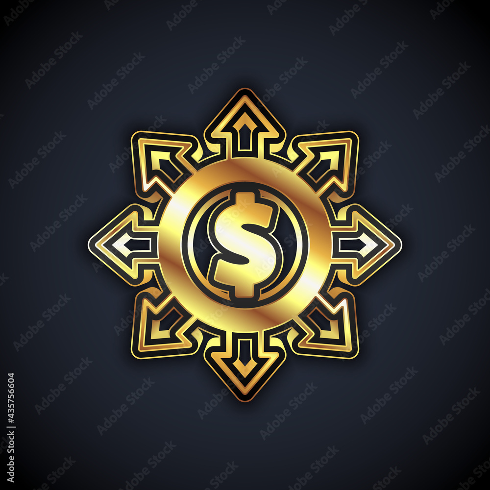 Naklejka premium Gold Dollar, share, network icon isolated on black background. Vector