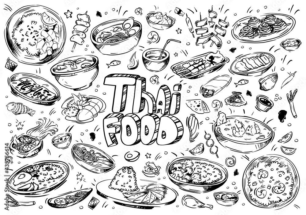 Hand drawn vector illustration. Doodle Thai food: shrimp, tofu, seaweed, rice, Tom Yam Kung, seafood, sauces, exotic fruits, pancakes, spring rolls