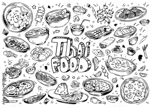 Hand drawn vector illustration. Doodle Thai food  shrimp  tofu  seaweed  rice  Tom Yam Kung  seafood  sauces  exotic fruits  pancakes  spring rolls