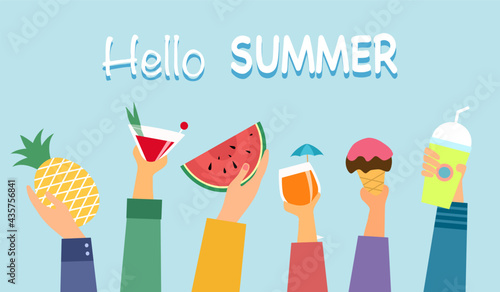 Hand holding tropical fruits- watermelon, pineapple and cocktail drink, fruit juice in flat design. Hello summer party.