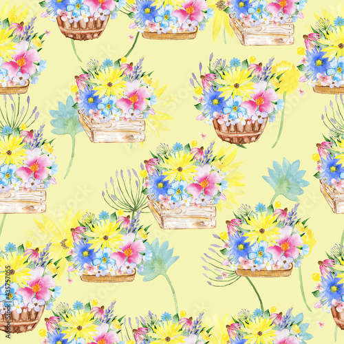 Seamless floral pattern. Watercolor background with flowers. Colorful flowers. Illustration for fabric and wrapping paper.