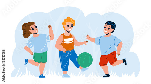 Children Playing With Ball Outside Together Vector. Kids Playing Football Outside, Team Game. Characters Sport And Leisure Active Time Outdoor And Enjoying Summer Season Flat Cartoon Illustration