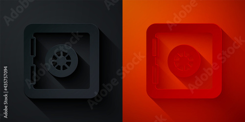 Paper cut Safe icon isolated on black and red background. The door safe a bank vault with a combination lock. Reliable Data Protection. Paper art style. Vector