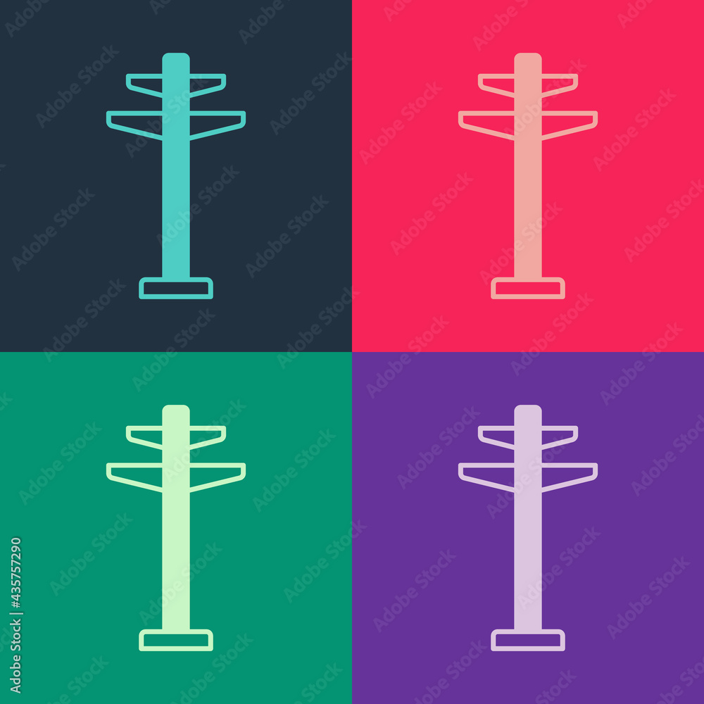 Pop art Electric tower used to support an overhead power line icon isolated on color background. High voltage power pole line. Vector