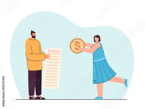 Man and woman going shopping vector illustration. Male character holding shopping list, female giving money to him. Holding dollar coin. Shopping concept for banner, website design or landing web page