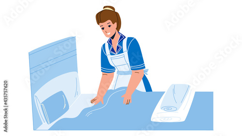 Housekeeper Woman Making Bed In Bedroom Vector. Housekeeper Service Worker Girl Cleaning And Changing Sheet. Character Maid Lady Preparing Hotel Room For Client Flat Cartoon Illustration