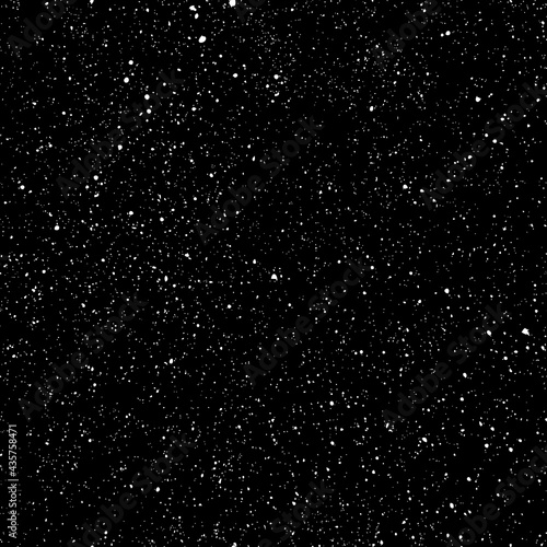 Seamless abstract polka dot pattern. White drip points on Black background. Stone texture, inkblots stain, grain, paint splash, spray effect. Night sky, space, stars, snow. Vector grunge illustration