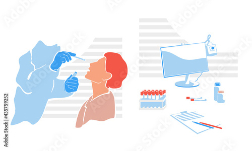 PCR test concept. Health Professional introducing nasal swab to female patient. Rapid Antigen Test to analyze nasal sampling for Covid-19, Coronavirus Pandemic. Laboratory equipment set. 