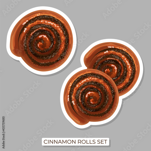Set of stickers with cinnamon or poppy seeds, chocolate rolls and white borders. Vector illustration for postcard greeting card, banner, web, advertising, menu, articles.