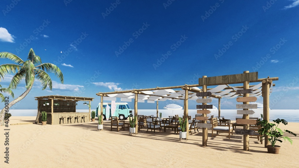 3d render from imagine summer beach bar in the sand with the sea beach