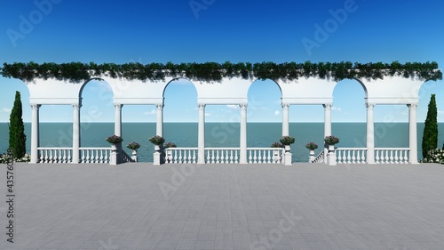 3d render from imagine roman background sea view luxury ancient front view arch and ionic column photo