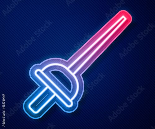 Glowing neon line Fencing icon isolated on blue background. Sport equipment. Vector