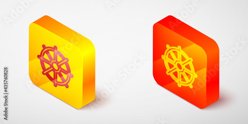Isometric line Dharma wheel icon isolated on grey background. Buddhism religion sign. Dharmachakra symbol. Yellow and orange square button. Vector