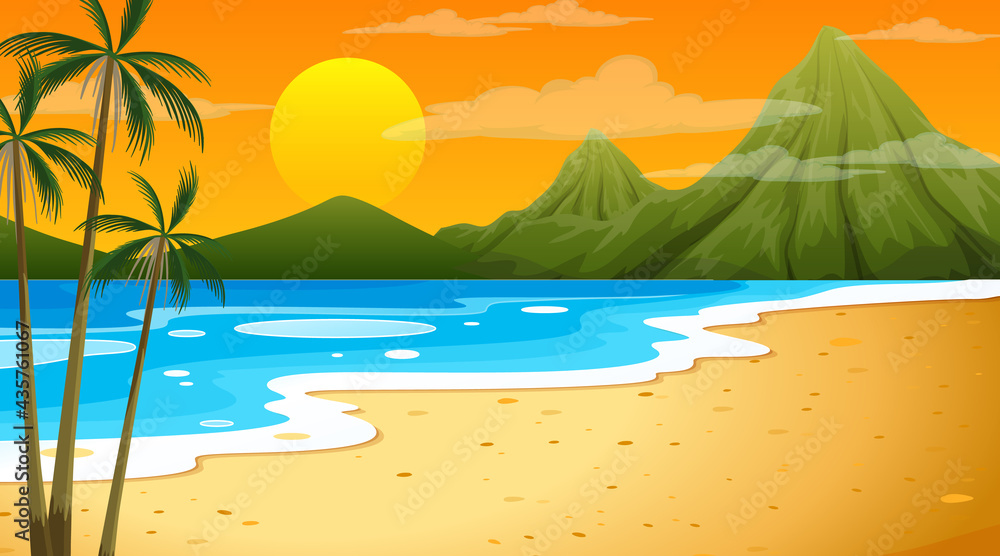 Beach at sunset time landscape scene with mountain background