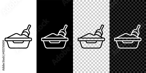 Set line Cat litter tray with shovel icon isolated on black and white, transparent background. Sandbox cat with shovel. Vector