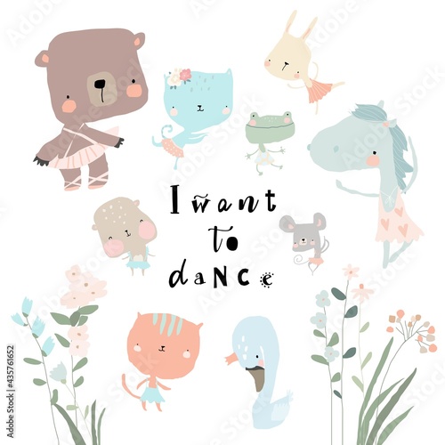 Set of cute funny little animals ballerinas