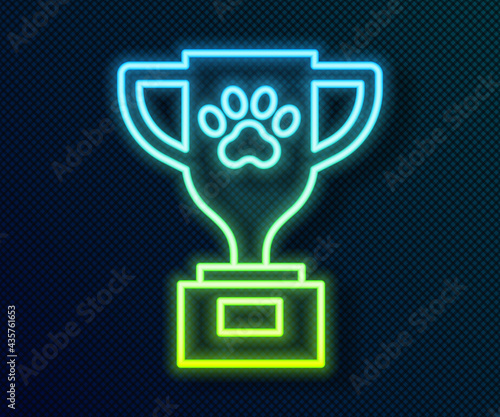 Glowing neon line Pet award symbol icon isolated on black background. Medal with dog footprint as pets exhibition winner concept. Vector