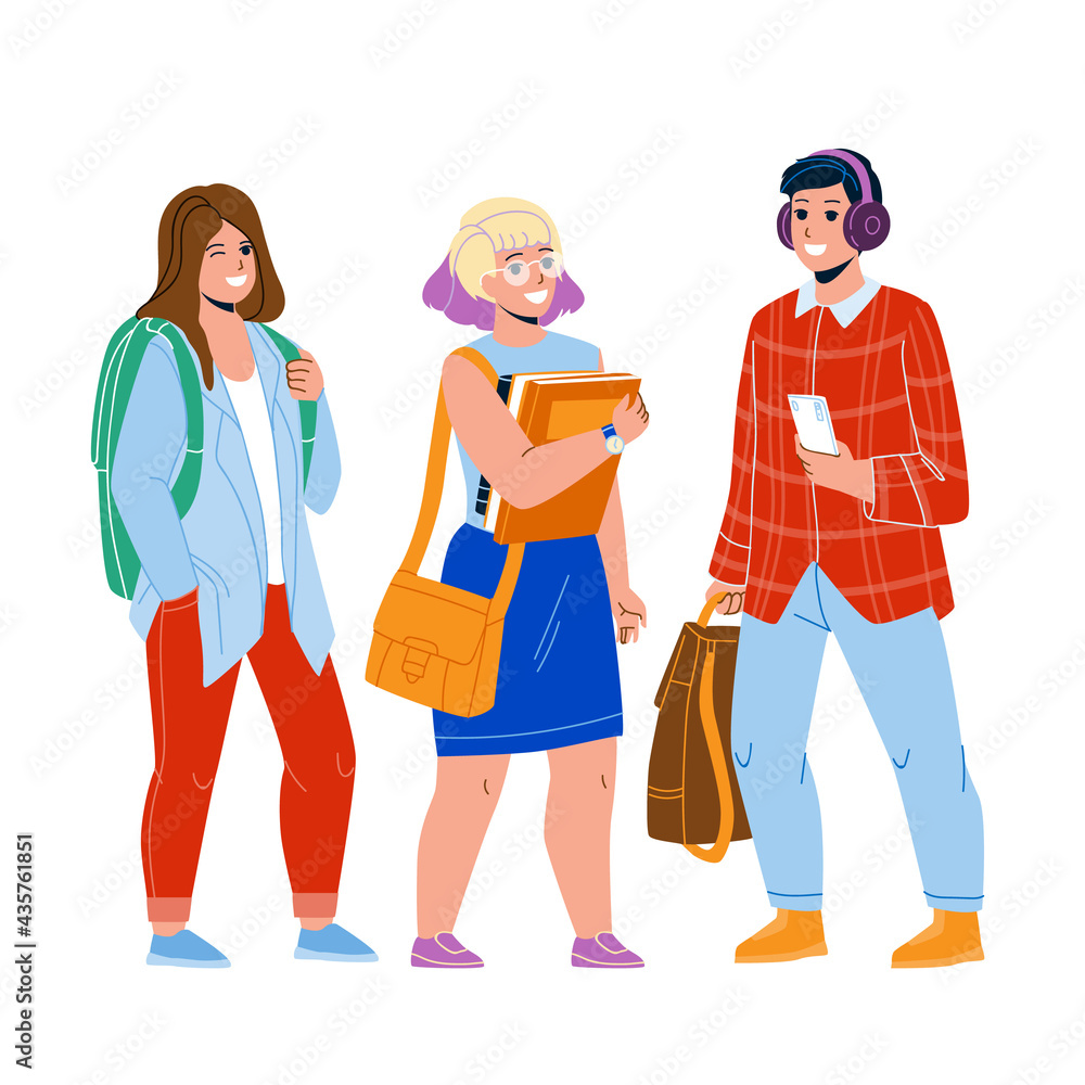 Student Teenagers Studying In University Vector. Young Boy Holding Smartphone And Listening Music In Headphones And Girls Student With Education Book And Backpack. Characters Flat Cartoon Illustration