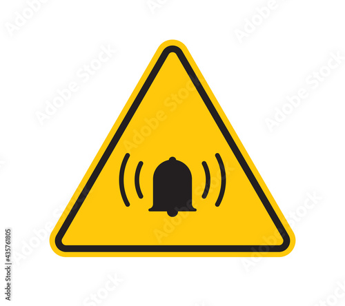 Vector yellow triangle sign - black silhouette bell, alarm symbol. Isolated on white background.