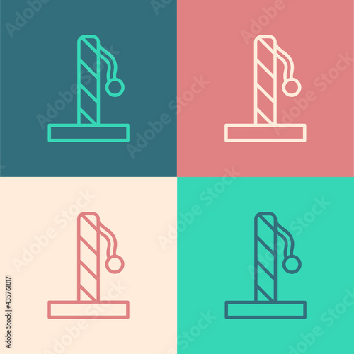 Pop art line Cat scratching post with toy icon isolated on color background. Vector