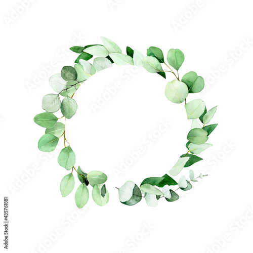 watercolor drawing, round frame of eucalyptus leaves and branches. isolated on white background wreath, frame from green eucalyptus leaves. design of invitation, congratulations, product