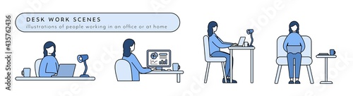 デスクワーク中の女性のイラストセット　仕事　ビジネス　パソコン　リモートワーク　PC　働く　人物